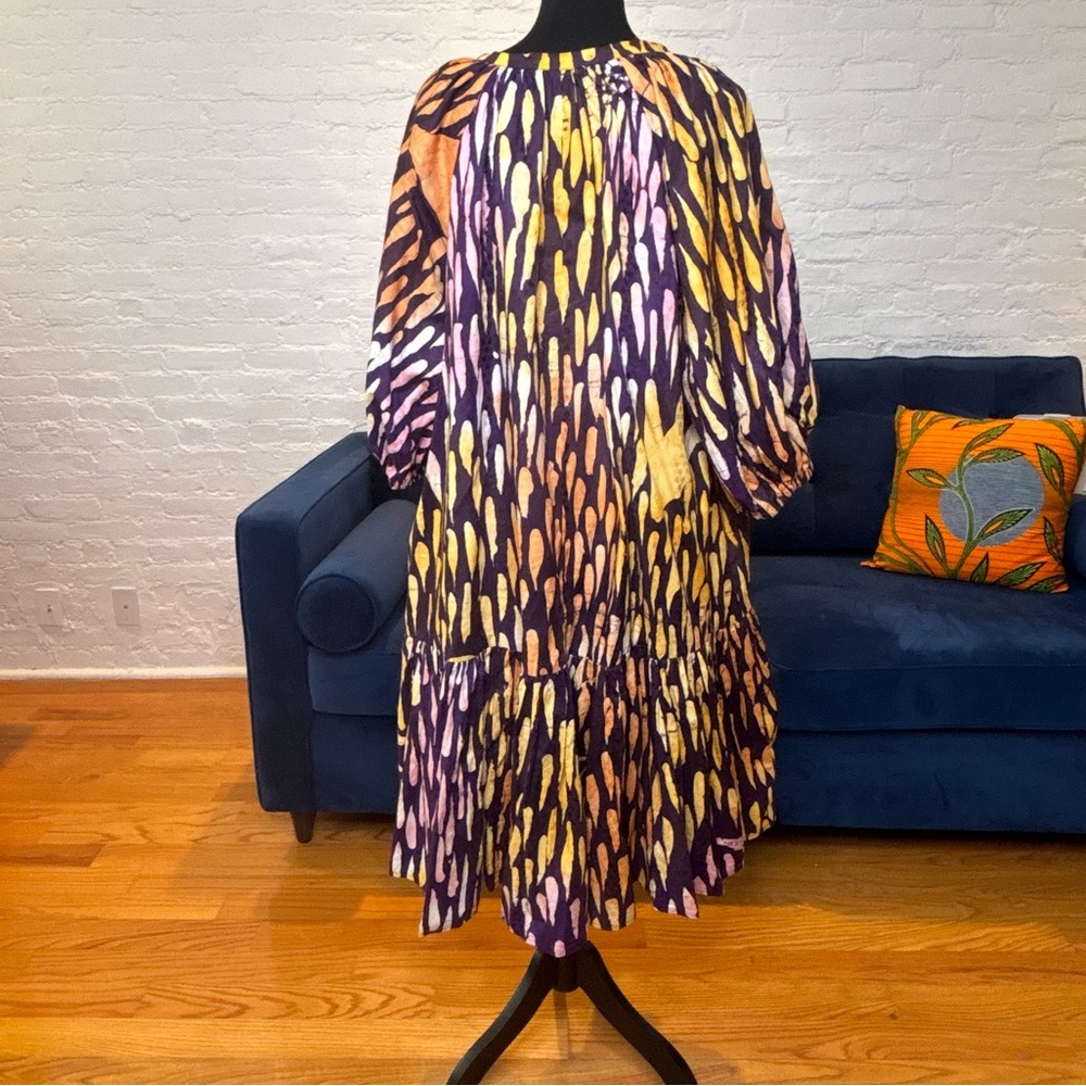 Suakoko Betty V-Neck Midi Dress in Purple and Yellow Batik Fabric - Picture 2 of 6